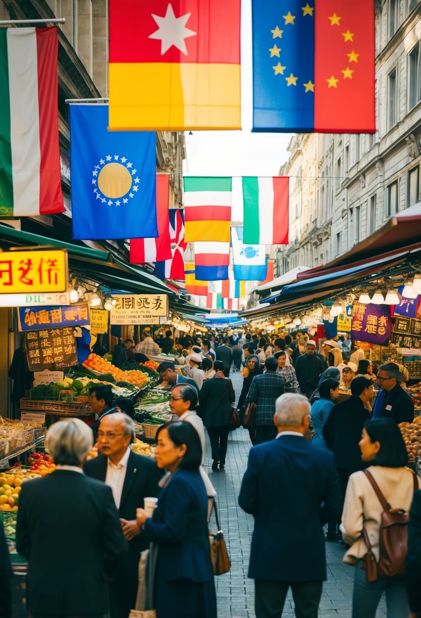 A bustling marketplace with colorful signs and international flags, as people converse in various languages