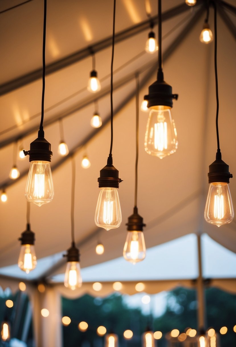 Several hanging pendant lights illuminate a wedding tent, casting a warm and romantic glow throughout the space