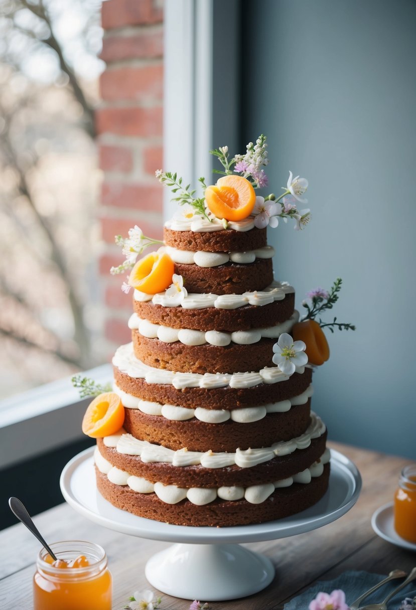 A three-tiered almond cake adorned with apricot preserves and delicate spring flowers