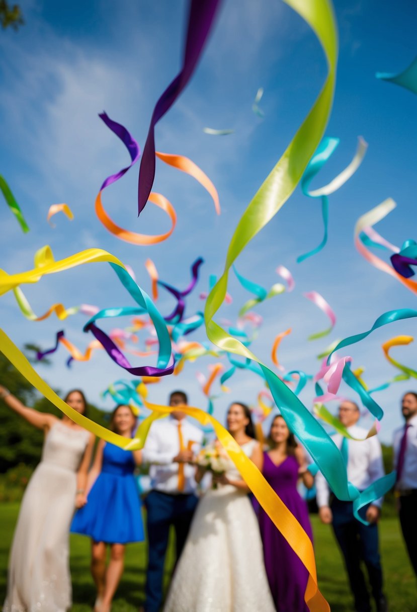 A group of colorful ribbons swirling in the air as they are tossed and twirled during a lively wedding scavenger hunt