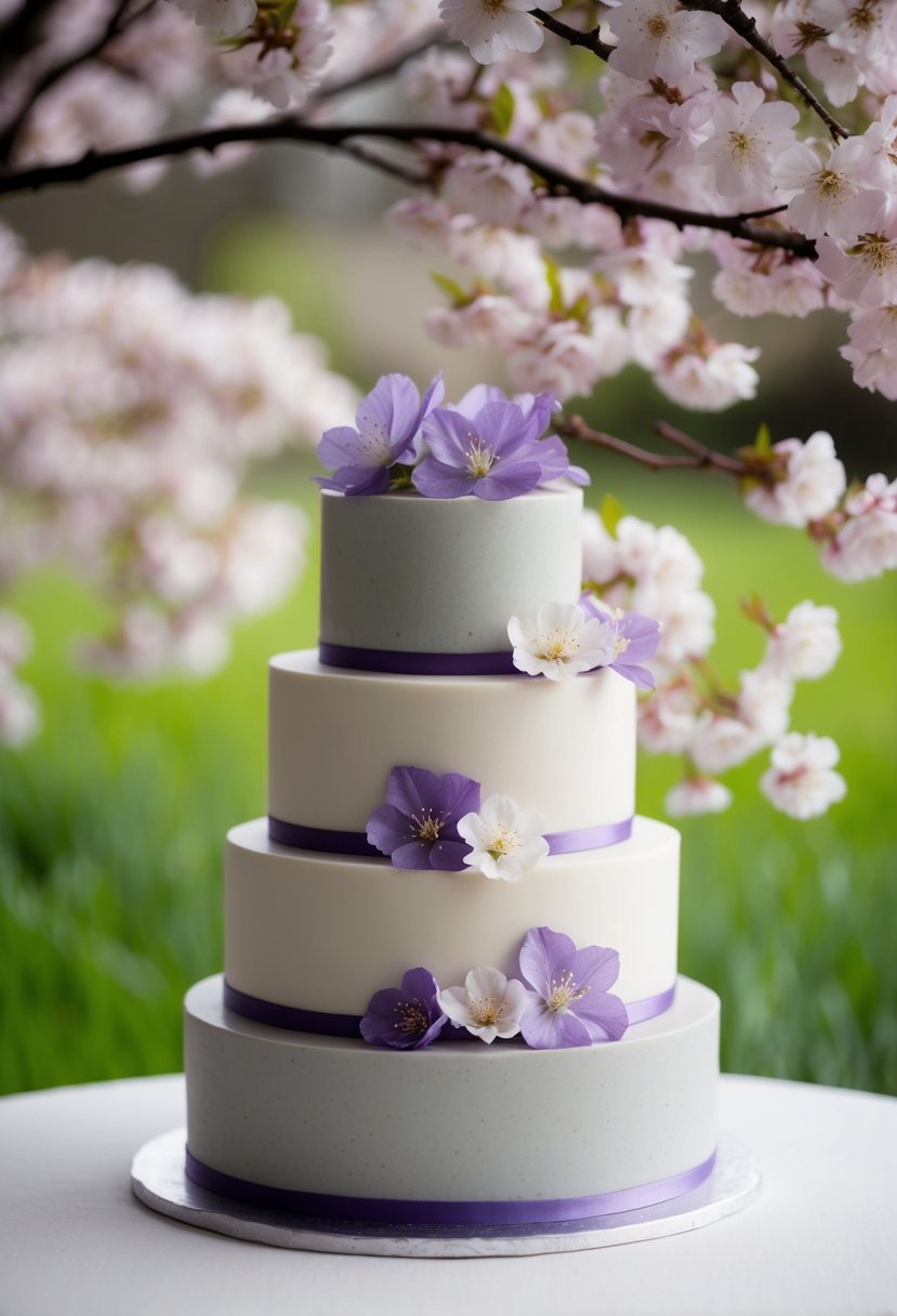 A three-tiered Earl Grey tea cake with delicate purple flowers and vanilla bean frosting, set against a backdrop of blooming cherry blossoms and fresh greenery