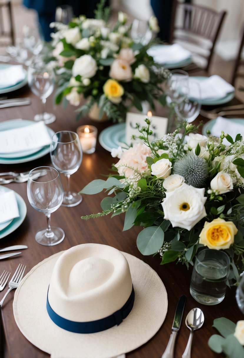 A table with various wedding-related items, including a hat, surrounded by floral decorations