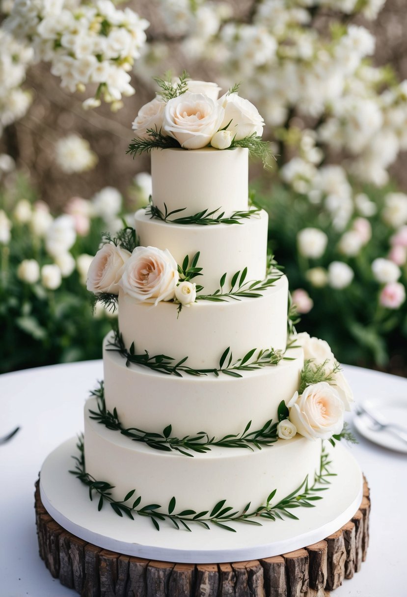 A tiered wedding cake adorned with Cherokee roses and greenery, set against a backdrop of blooming spring flowers