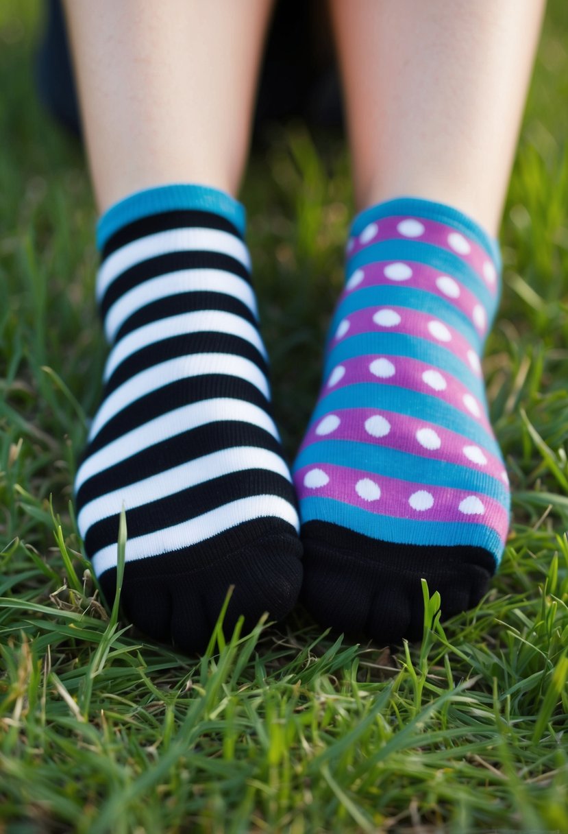 A pair of feet with one sock featuring stripes and the other with polka dots, resting on a grassy lawn