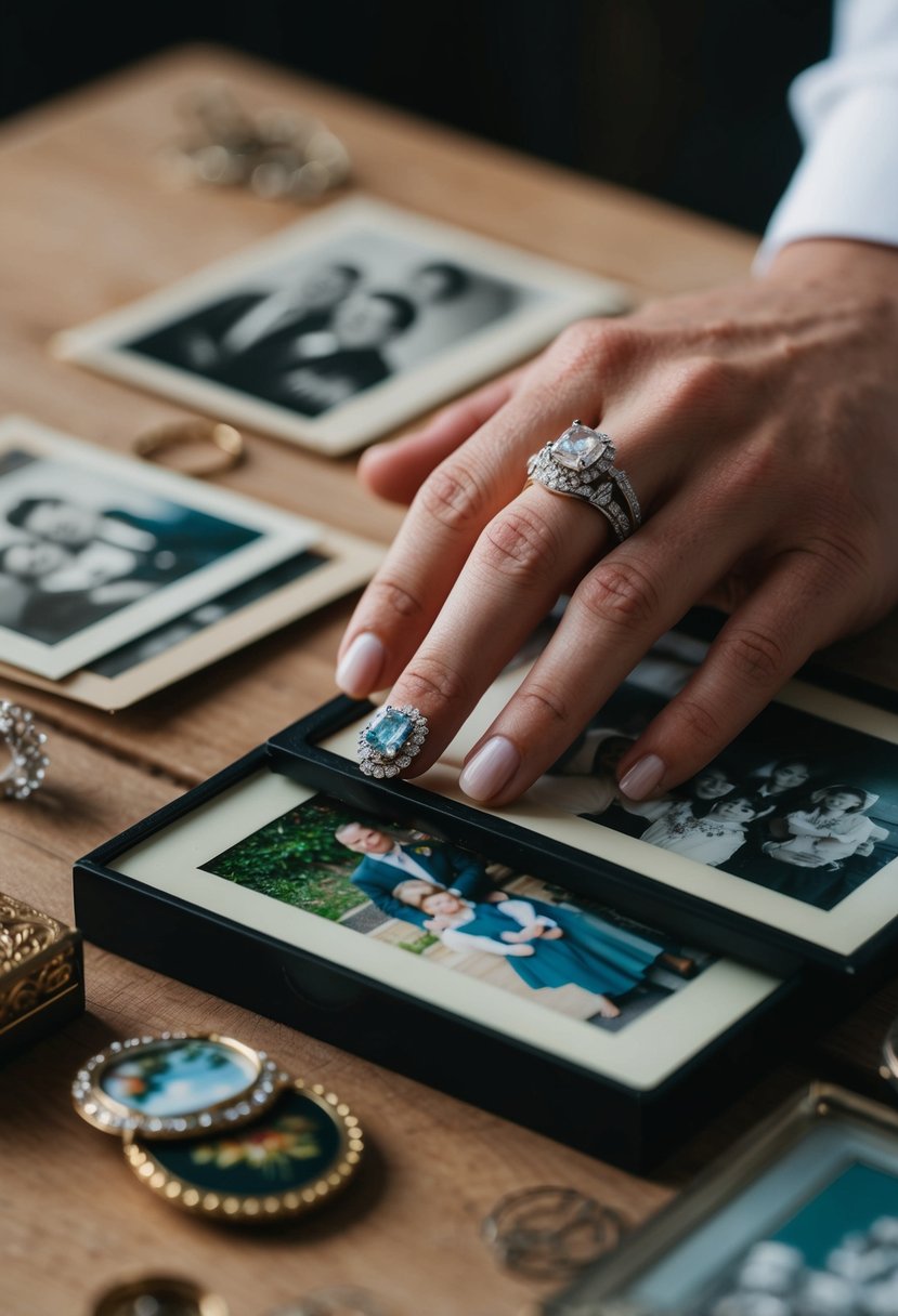 A person wearing a vintage wedding ring while searching through old family photos and trinkets