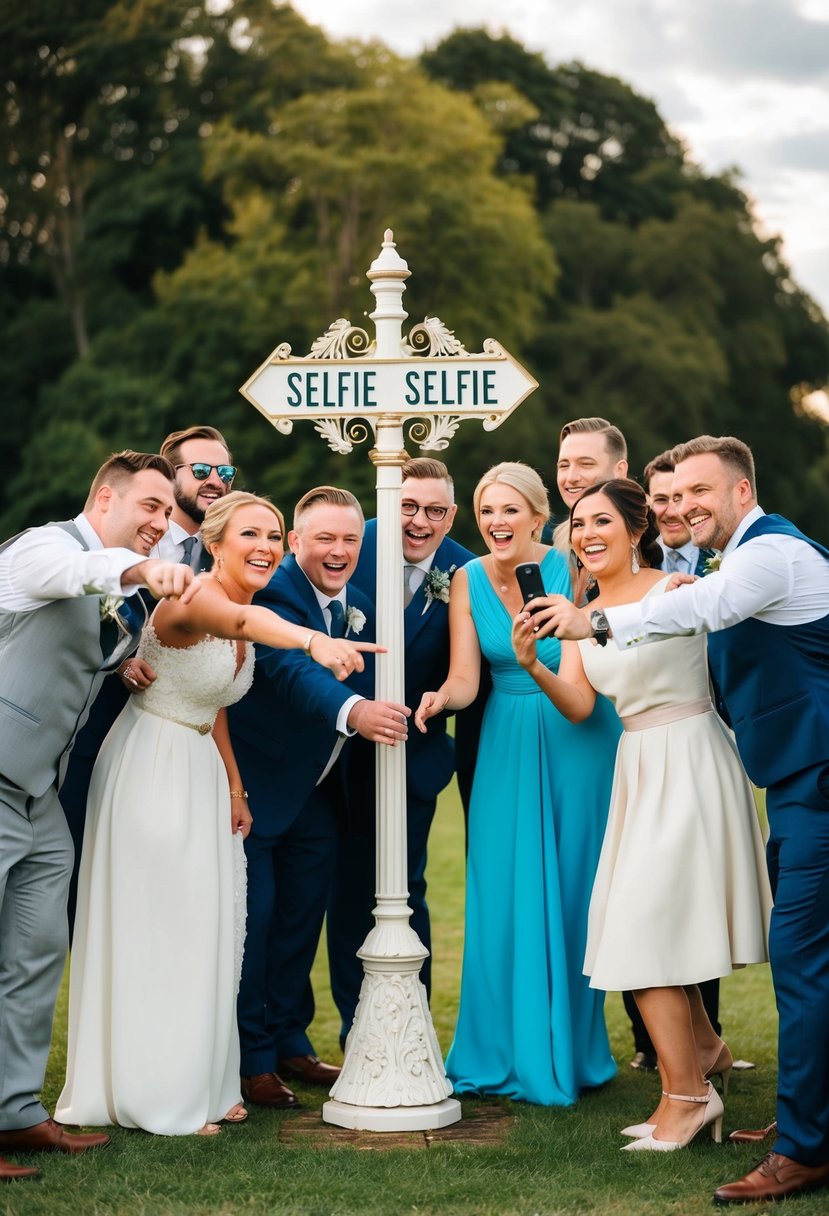 A group of wedding guests gather around a decorative signpost, pointing and laughing as they take a lighthearted selfie together