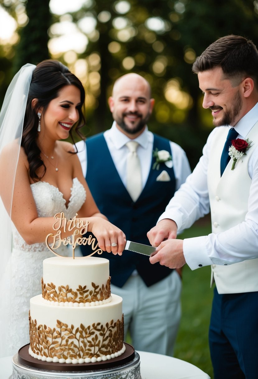 A bride and groom cutting a decorative wedding cake with personalized cake topper