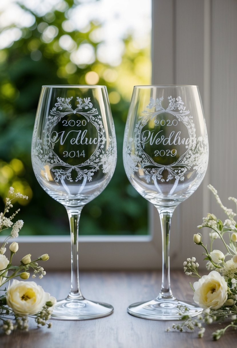 Two personalized wine glasses etched with intricate designs, surrounded by delicate floral accents and elegant calligraphy, perfect for a wedding gift