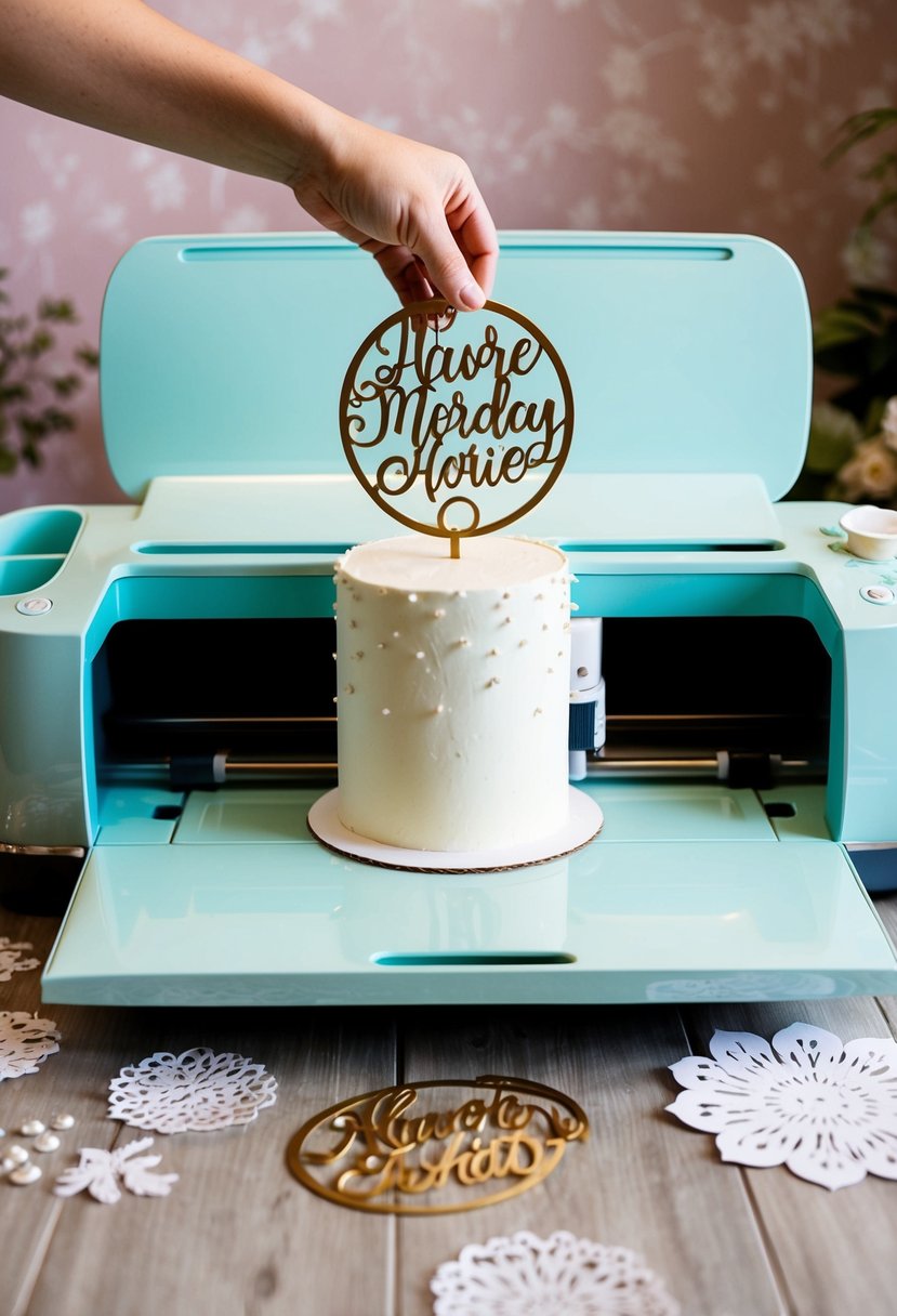 A personalized wedding cake topper being crafted with a Cricut machine, surrounded by delicate paper cutouts and embellishments