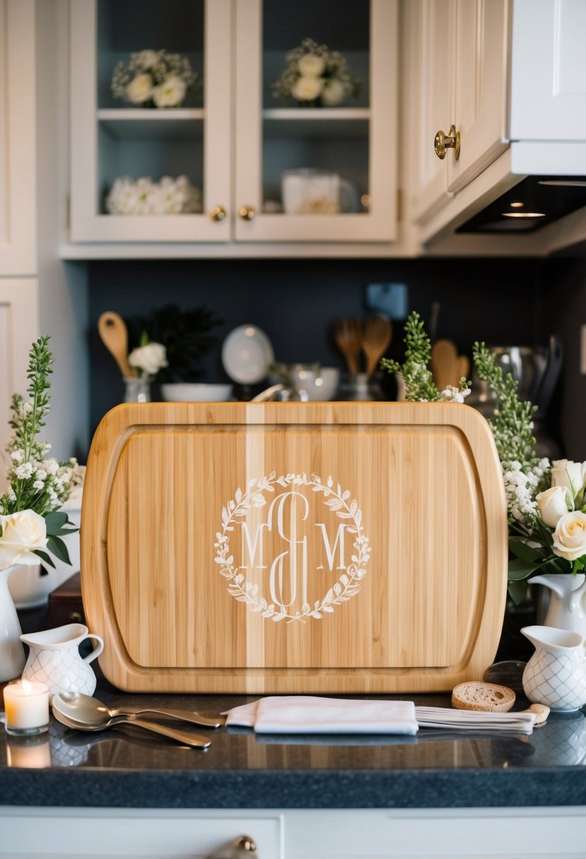 A monogrammed cutting board sits on a kitchen counter, surrounded by wedding-themed decor and utensils