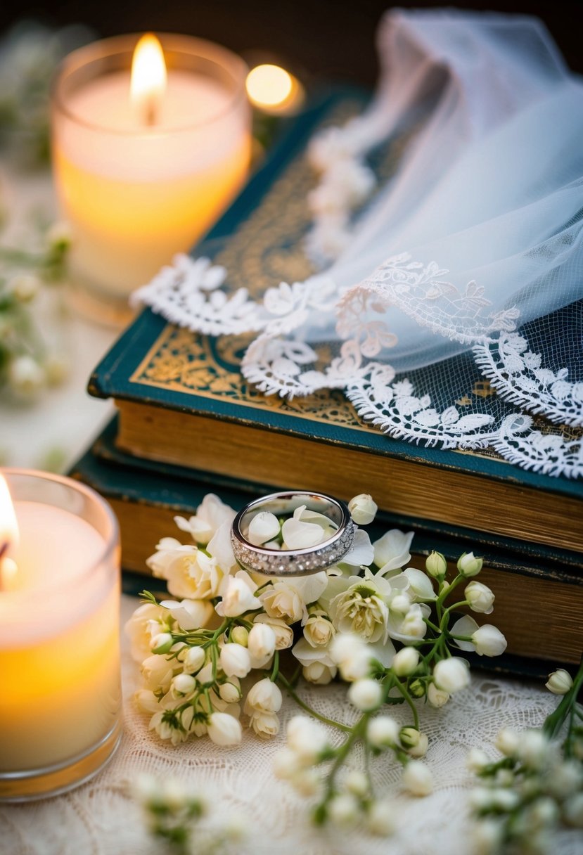 A pair of wedding rings resting on a bed of delicate white flowers, surrounded by soft candlelight and a lace veil draped over a vintage book