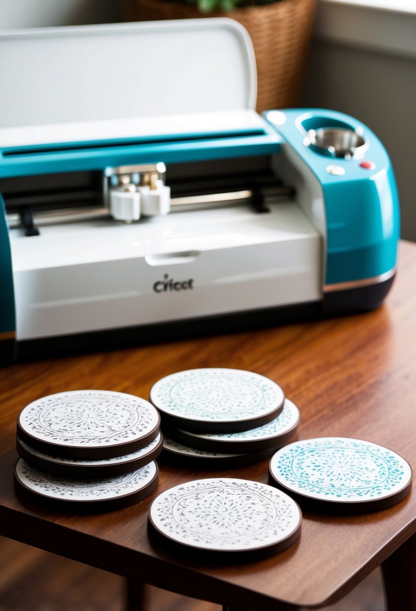 A set of coasters with intricate engravings, arranged on a table with a cricut machine in the background