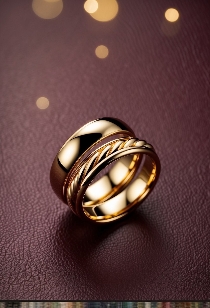 A pair of intertwined golden rings on a rich, burgundy leather background