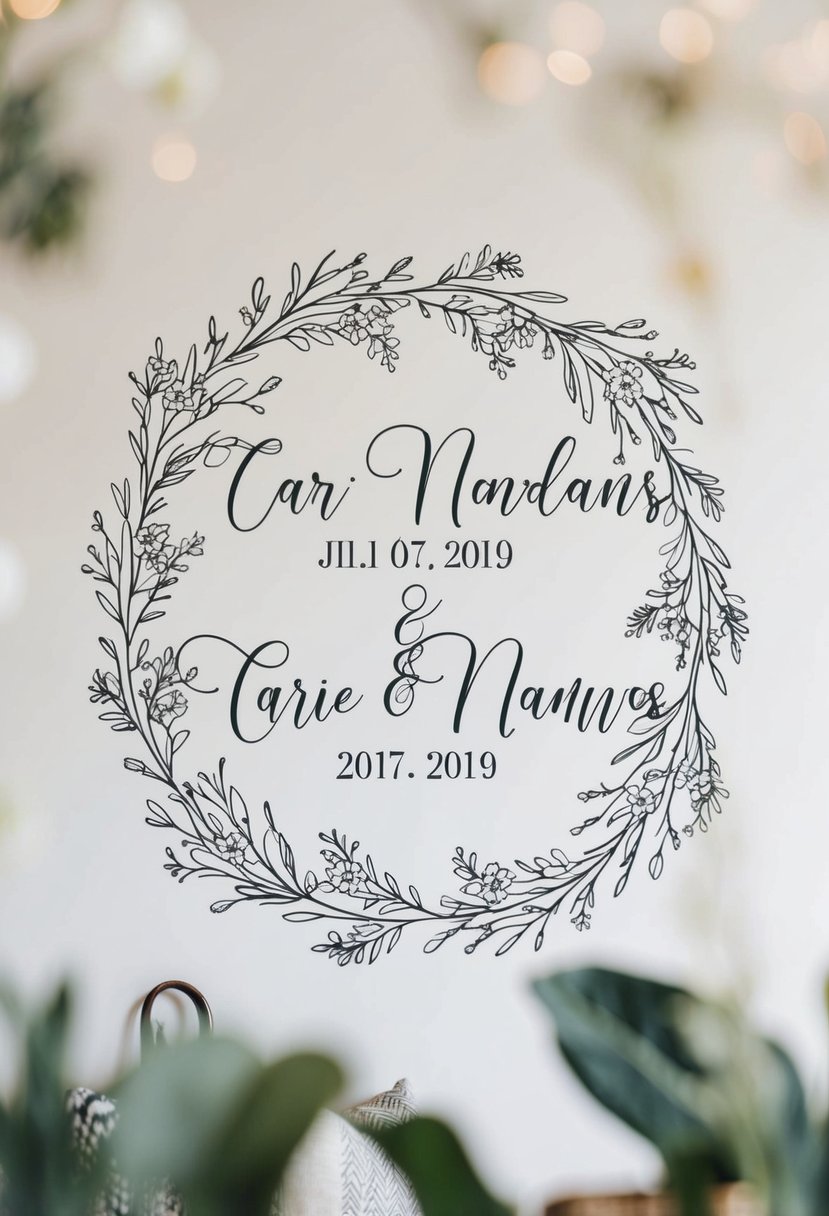 A personalized vinyl wall decal of a wedding date and couple's names surrounded by delicate floral designs and elegant script lettering