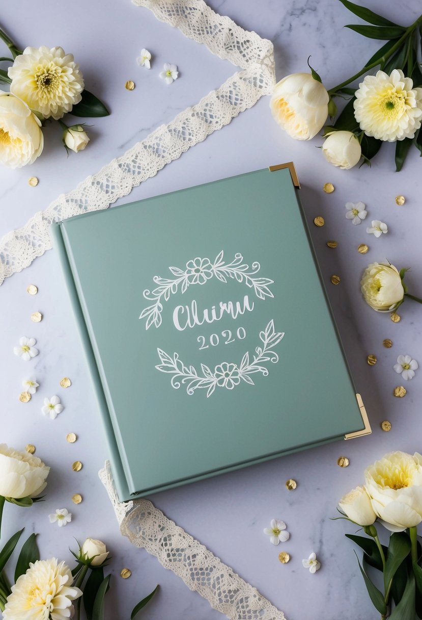 A personalized photo album with wedding-themed cricut designs, surrounded by floral and lace accents