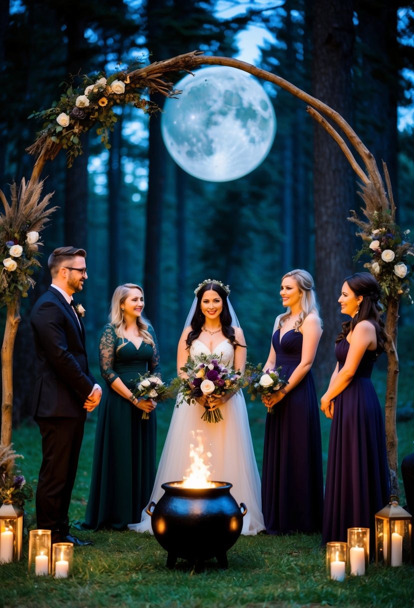 A witch wedding ceremony in a moonlit forest, with mystical decorations and a cauldron at the center