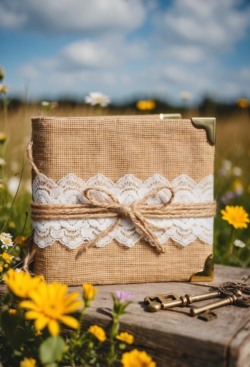 A rustic burlap wrap wedding album cover with lace and twine accents, surrounded by wildflowers and vintage keys