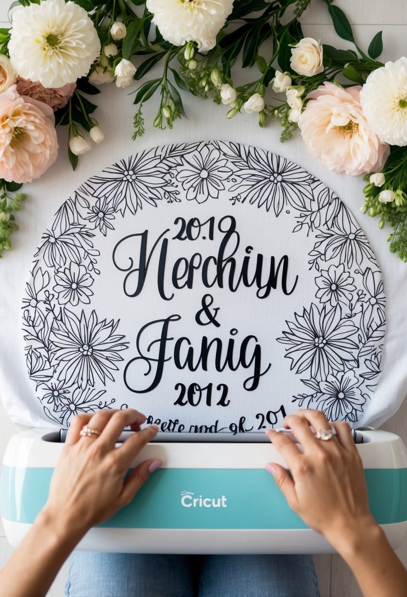 A couple's names and wedding date, surrounded by intricate floral designs, are being cut out of fabric using a Cricut machine to create custom pillow covers