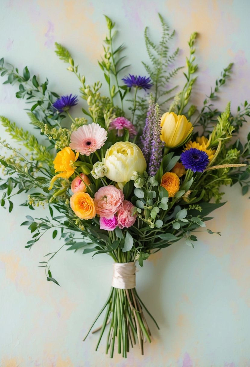 A bouquet of vibrant flowers arranged on a light pastel background, with delicate greenery and intricate floral patterns intertwined