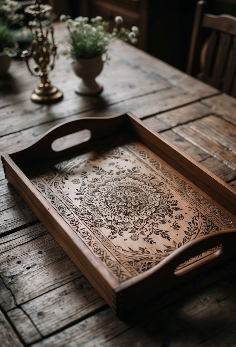 A wooden tray with intricate engraving, adorned with delicate patterns and floral motifs, sits on a rustic table