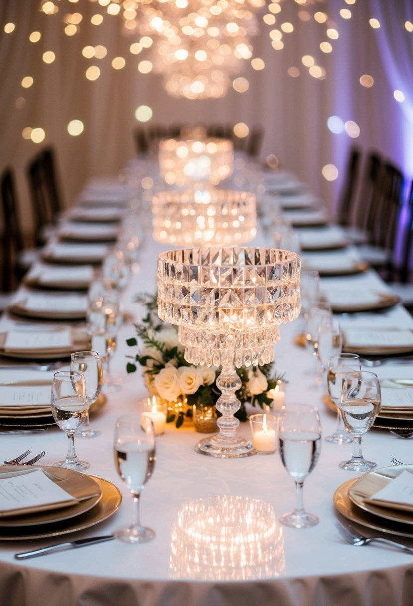 Glistening crystal centerpieces adorn a magical wedding table, reflecting light and casting shimmering patterns across the room