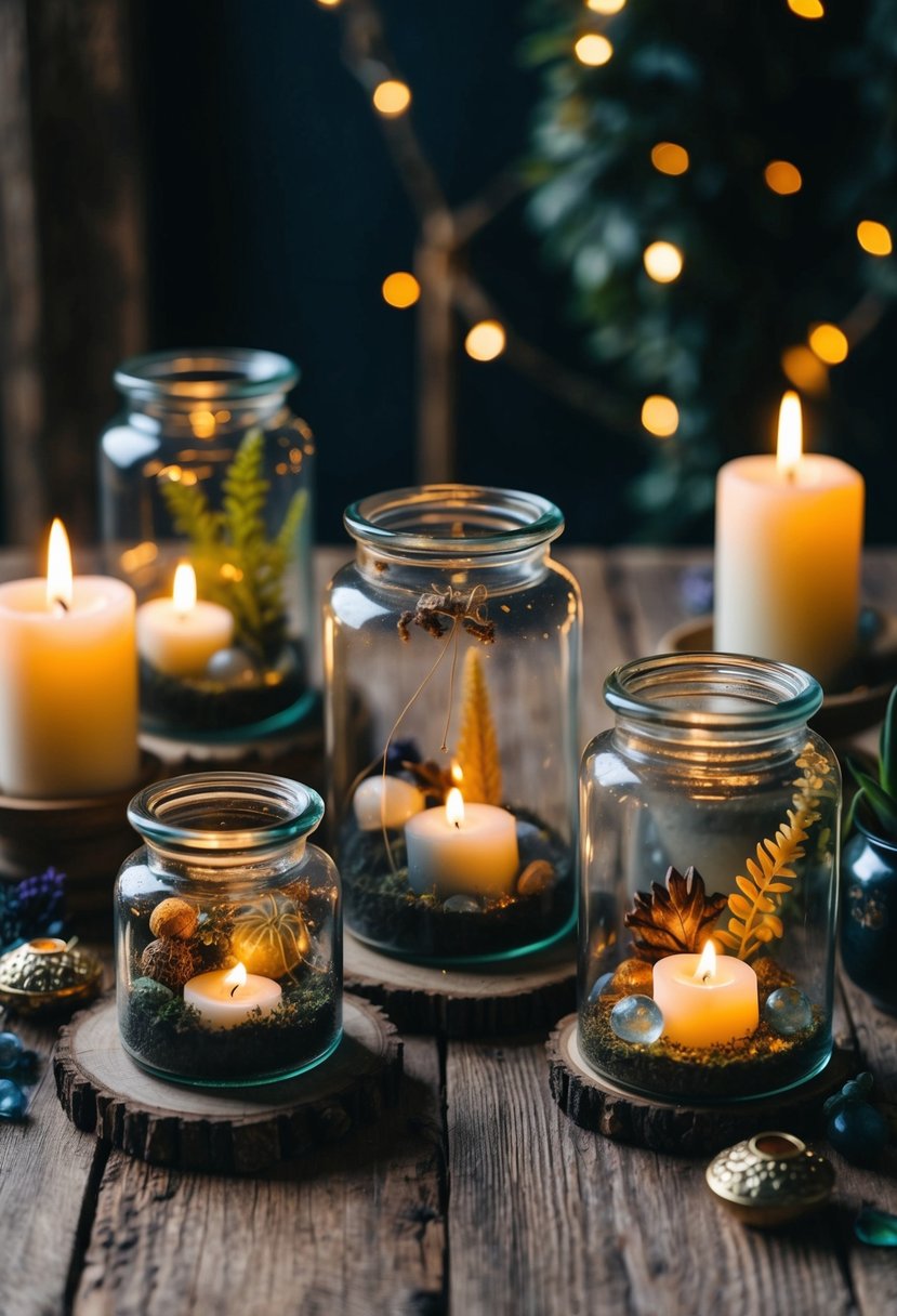 A collection of terrarium spell jars arranged on a rustic wooden table, adorned with mystical elements and surrounded by flickering candlelight