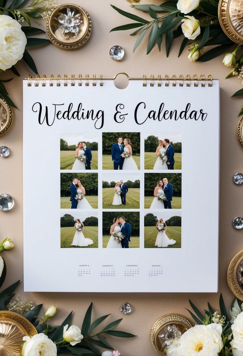 A custom calendar with wedding photos arranged in a cricut design, surrounded by decorative elements and personalized details