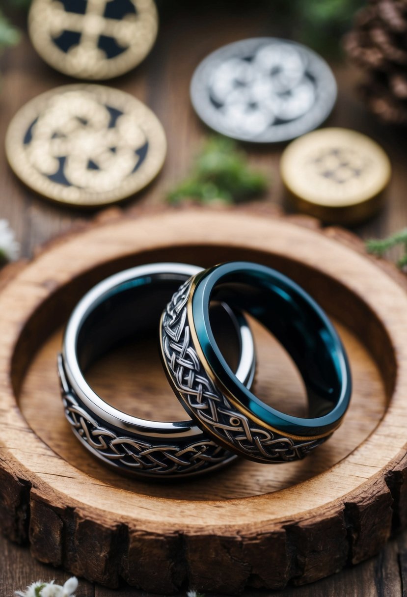 Two interlocking wedding rings with Viking-inspired designs, surrounded by rustic wedding decor and Norse symbols