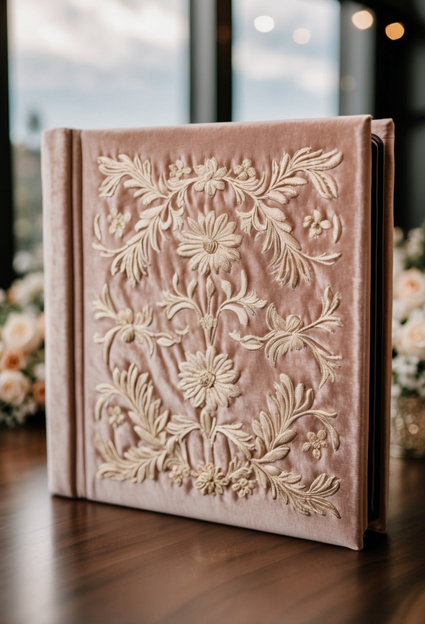 A luxurious velvet wedding album with embossed floral patterns and a subtle shimmer