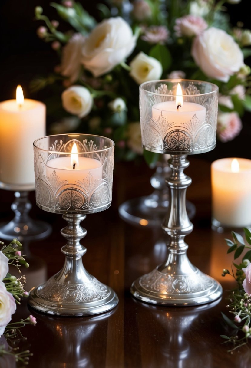 Two elegant candle holders with intricate engravings sit on a polished wooden table, surrounded by delicate floral arrangements and soft candlelight