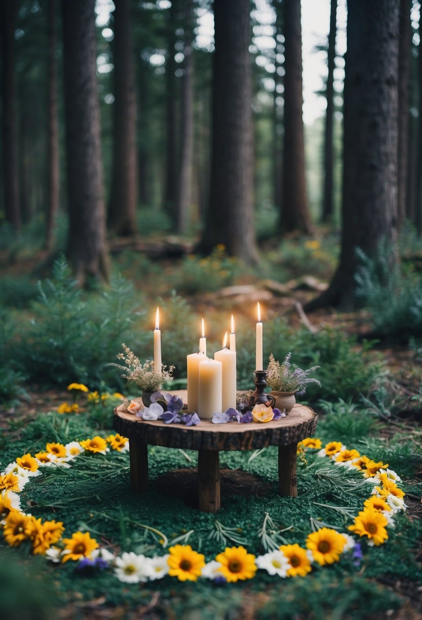 A circle of flowers and herbs surrounds a rustic altar adorned with candles and crystals, set in a tranquil forest clearing