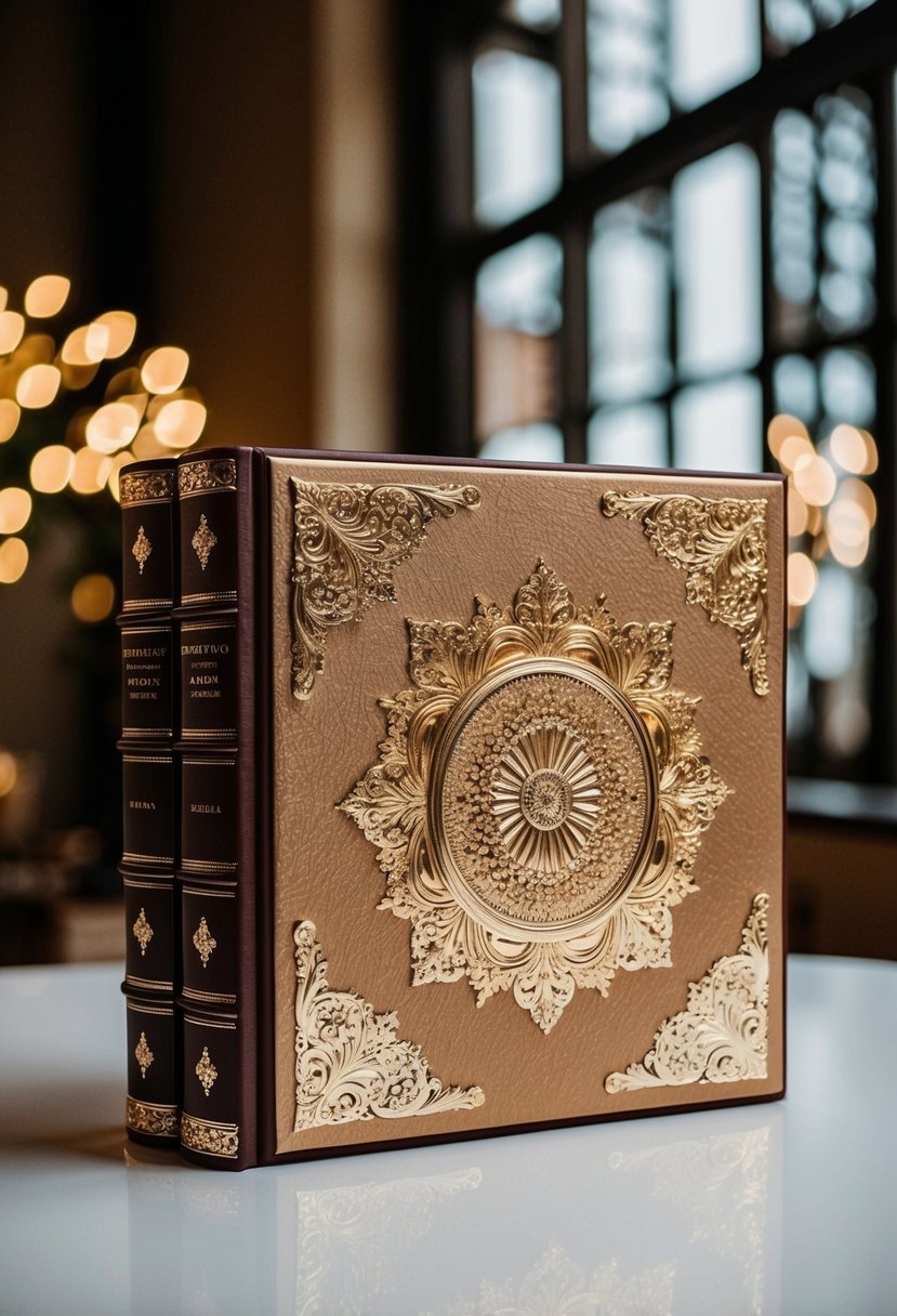 A luxurious wedding album with intricate gold foil designs and elegant embossing on a rich, textured cover