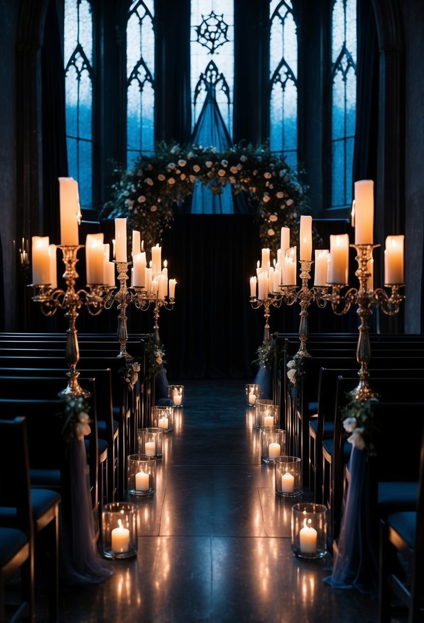 A dark, gothic aisle adorned with candelabras and eerie decor sets the scene for a witch-themed wedding