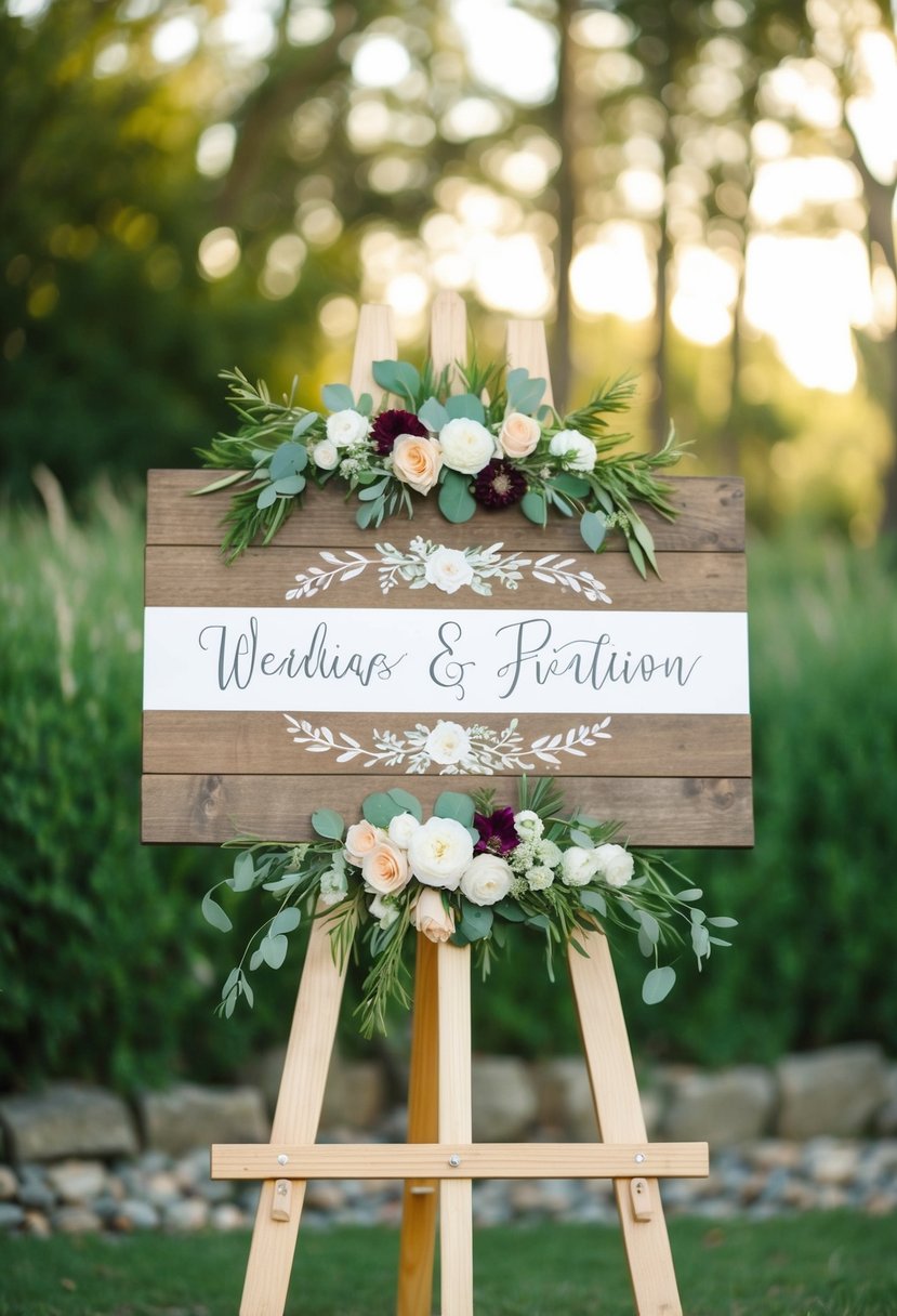 A rustic wedding sign with floral accents and personalized vinyl lettering displayed on a wooden easel