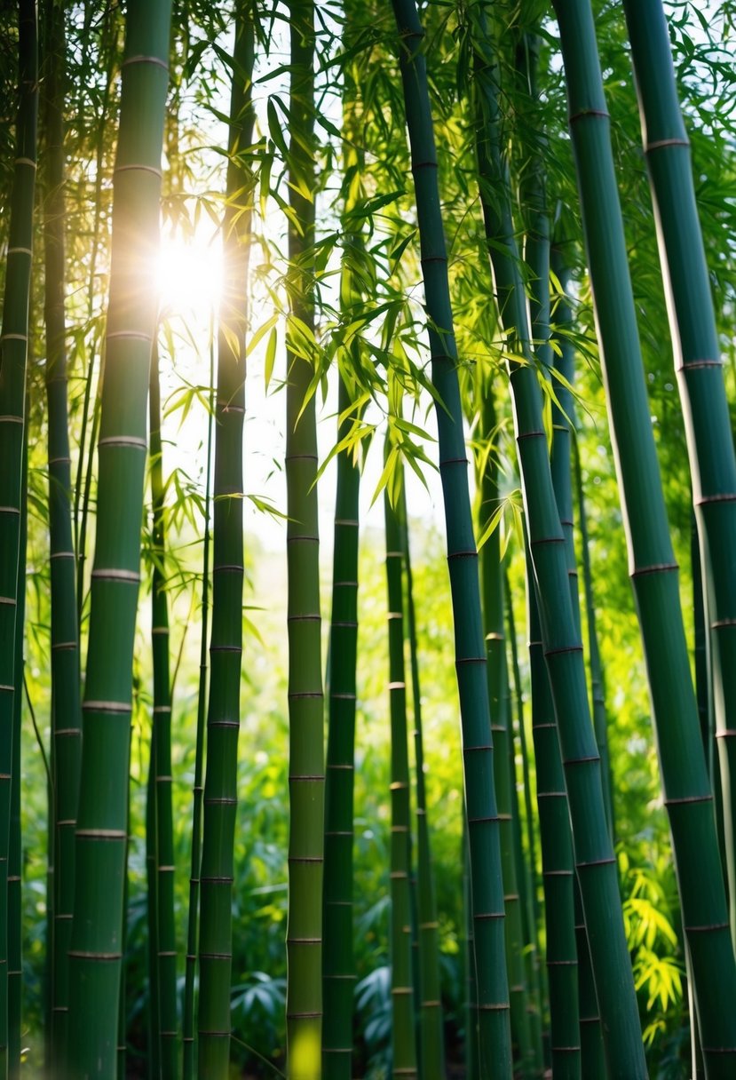 A serene bamboo forest with sunlight filtering through the leaves, creating a natural and eco-friendly wedding album cover idea