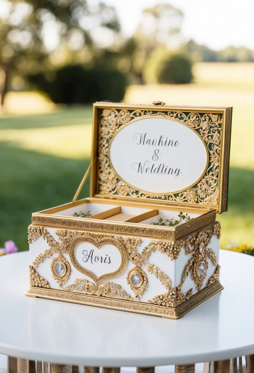 A beautifully decorated keepsake box with intricate designs and personalized details, perfect for a wedding gift