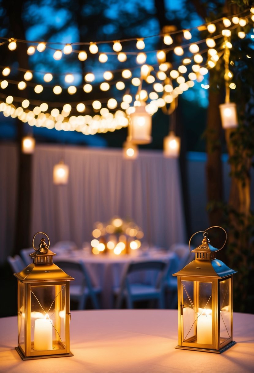 Fairy lights and lanterns illuminate a whimsical wedding setting