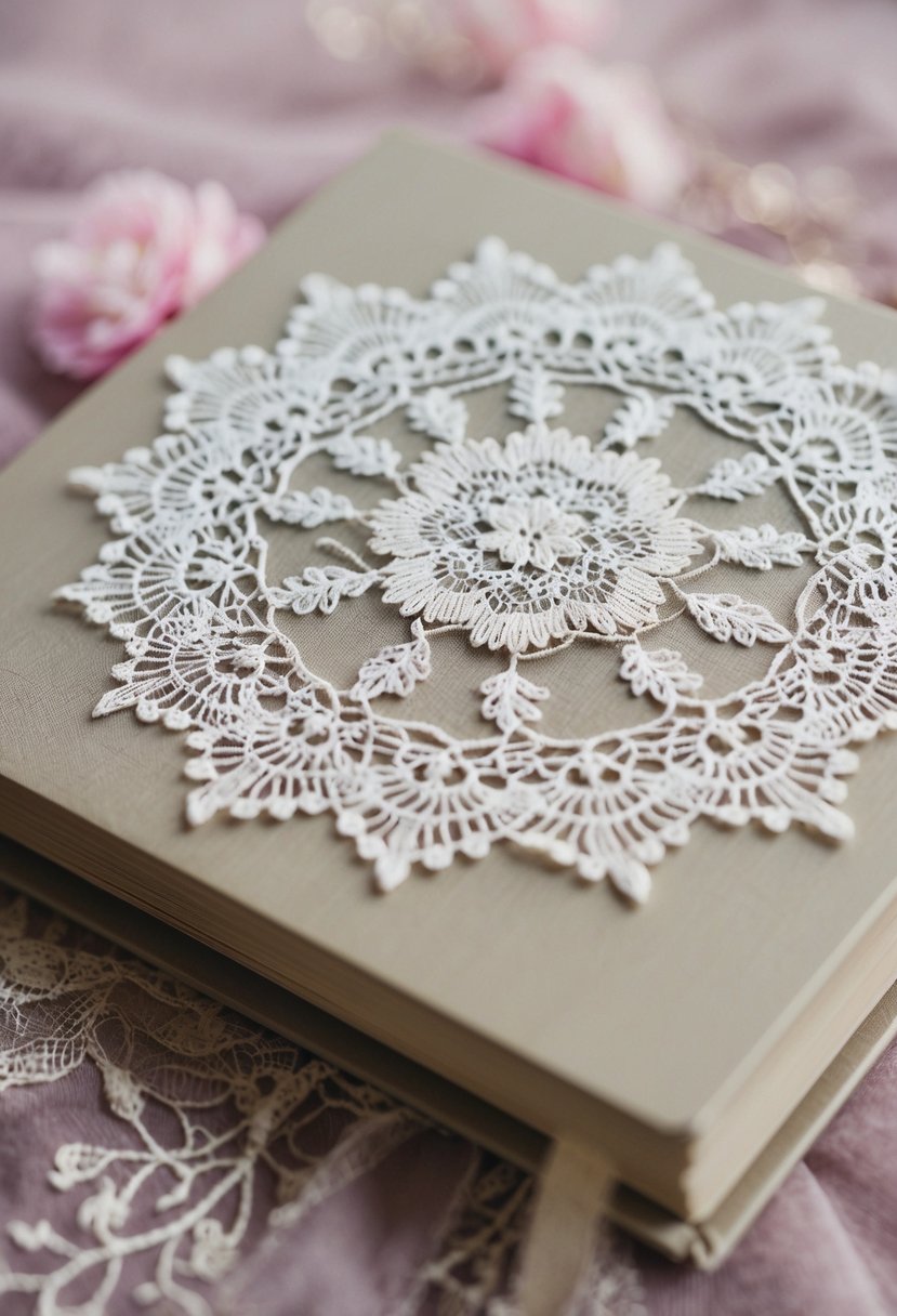 A delicate lace pattern adorns a vintage wedding album cover, with intricate details and soft, romantic colors