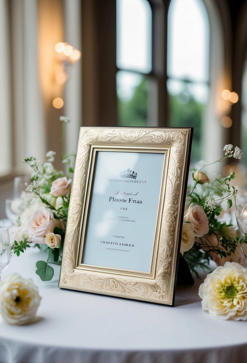 A beautifully engraved picture frame sits on a table, surrounded by delicate flowers and wedding decor