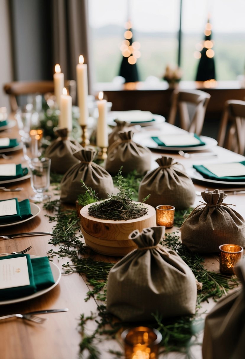 A table scattered with herb-infused mojo bags and witchy wedding decor