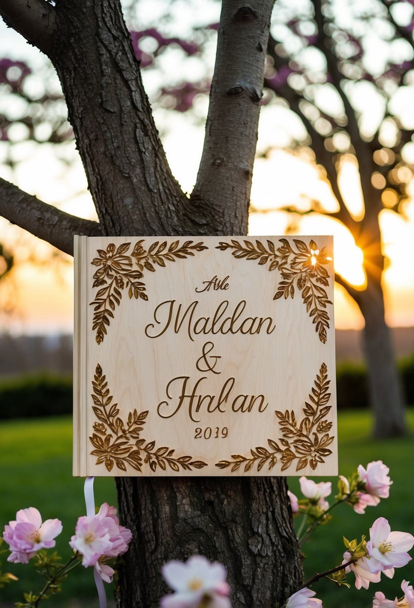 A wedding album cover featuring a couple's names carved into a tree surrounded by blooming flowers and a romantic sunset