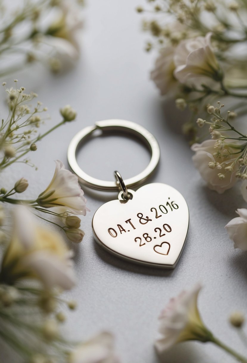 A keychain with a heart-shaped charm engraved with a wedding date, surrounded by delicate floral elements and intricate details