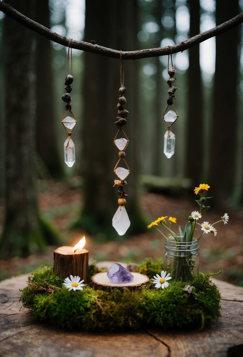 A woodland altar with moss, wildflowers, and hanging crystals