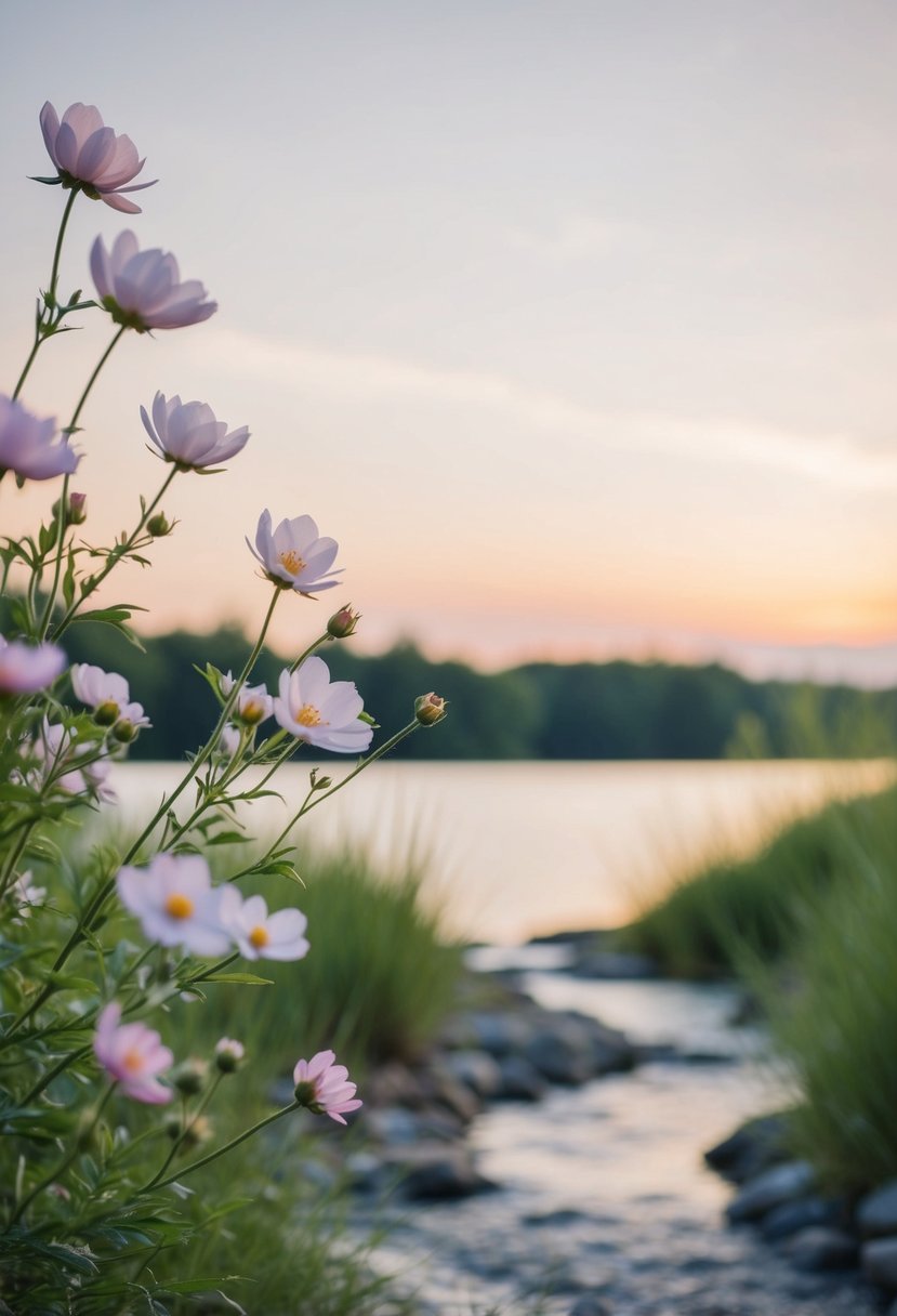 A serene lakeside landscape with blooming flowers and a delicate, flowing stream, framed by a soft, pastel-colored sunset