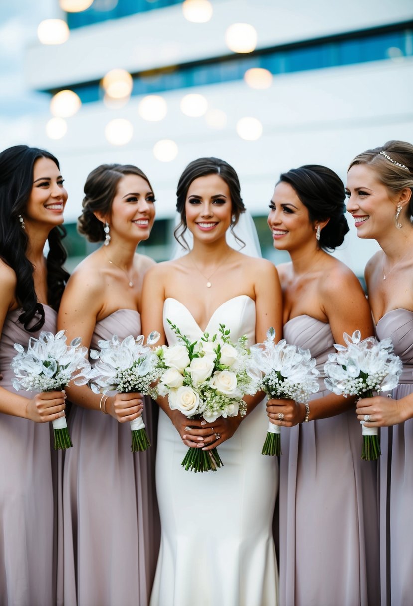 Bridesmaids holding crystal bouquets at a modern wedding