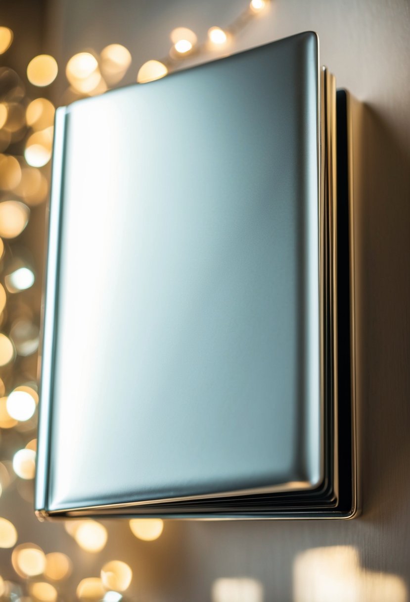 A sleek, metallic wedding album cover gleaming under soft, natural light