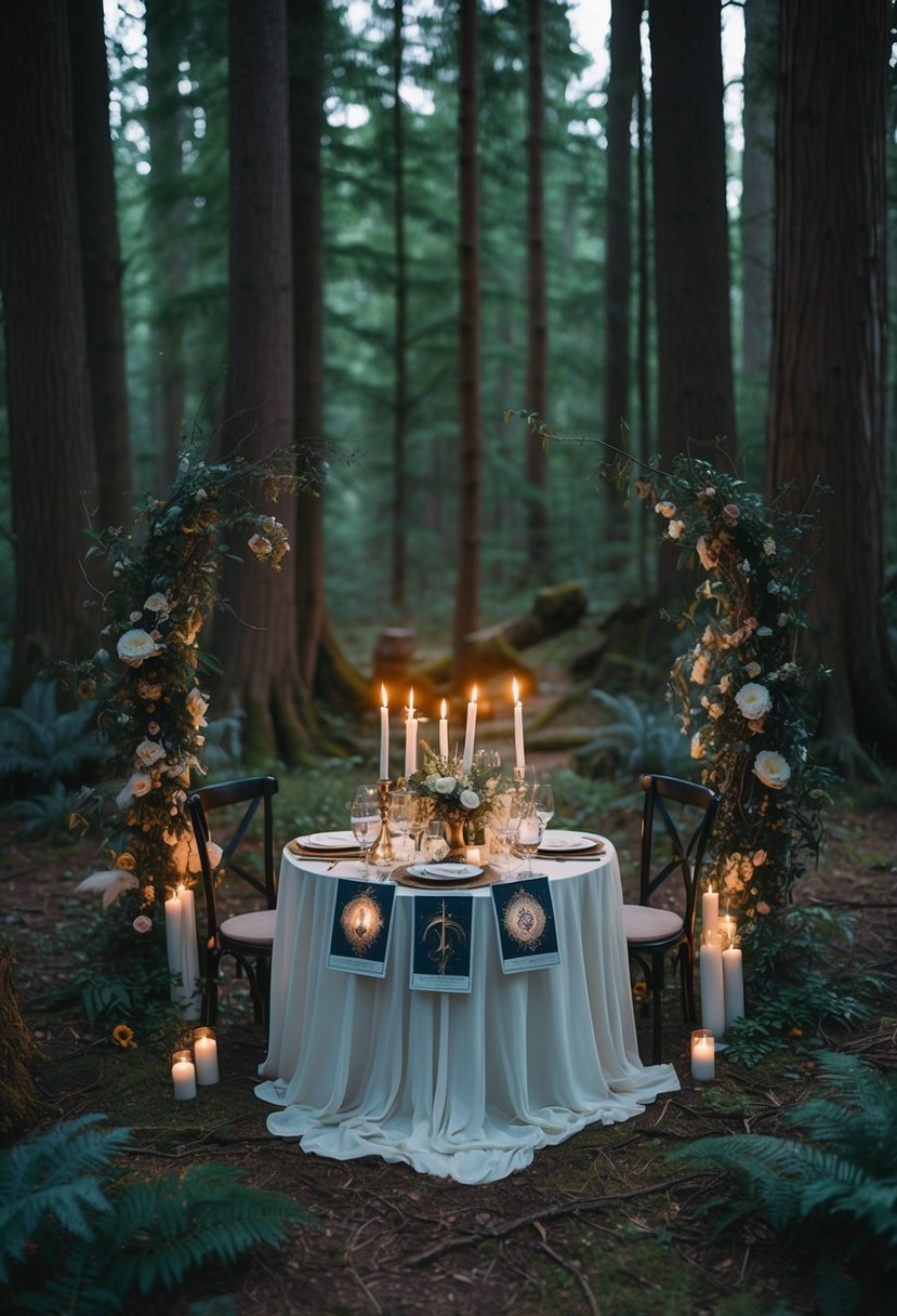 A mystical forest clearing with a table set for a wedding, adorned with tarot cards and candles, surrounded by enchanted flora and fauna