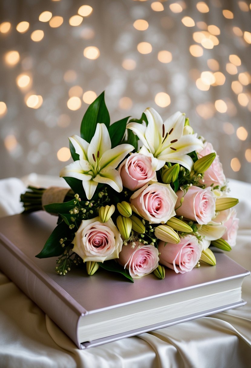 A bouquet of roses and lilies rests on a silk-covered wedding album