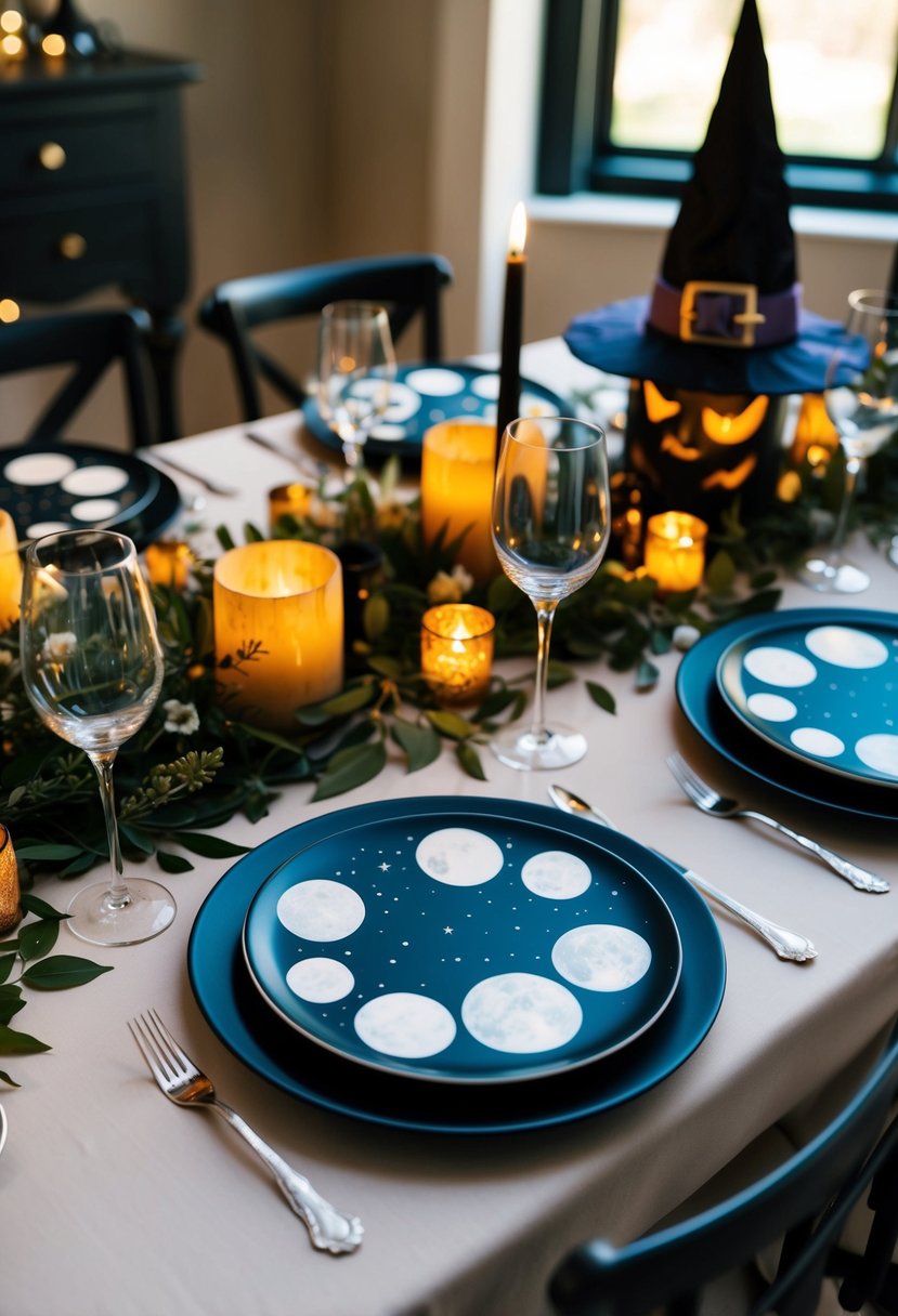 A table set with moon phase-themed dinnerware, surrounded by enchanting witch wedding decorations