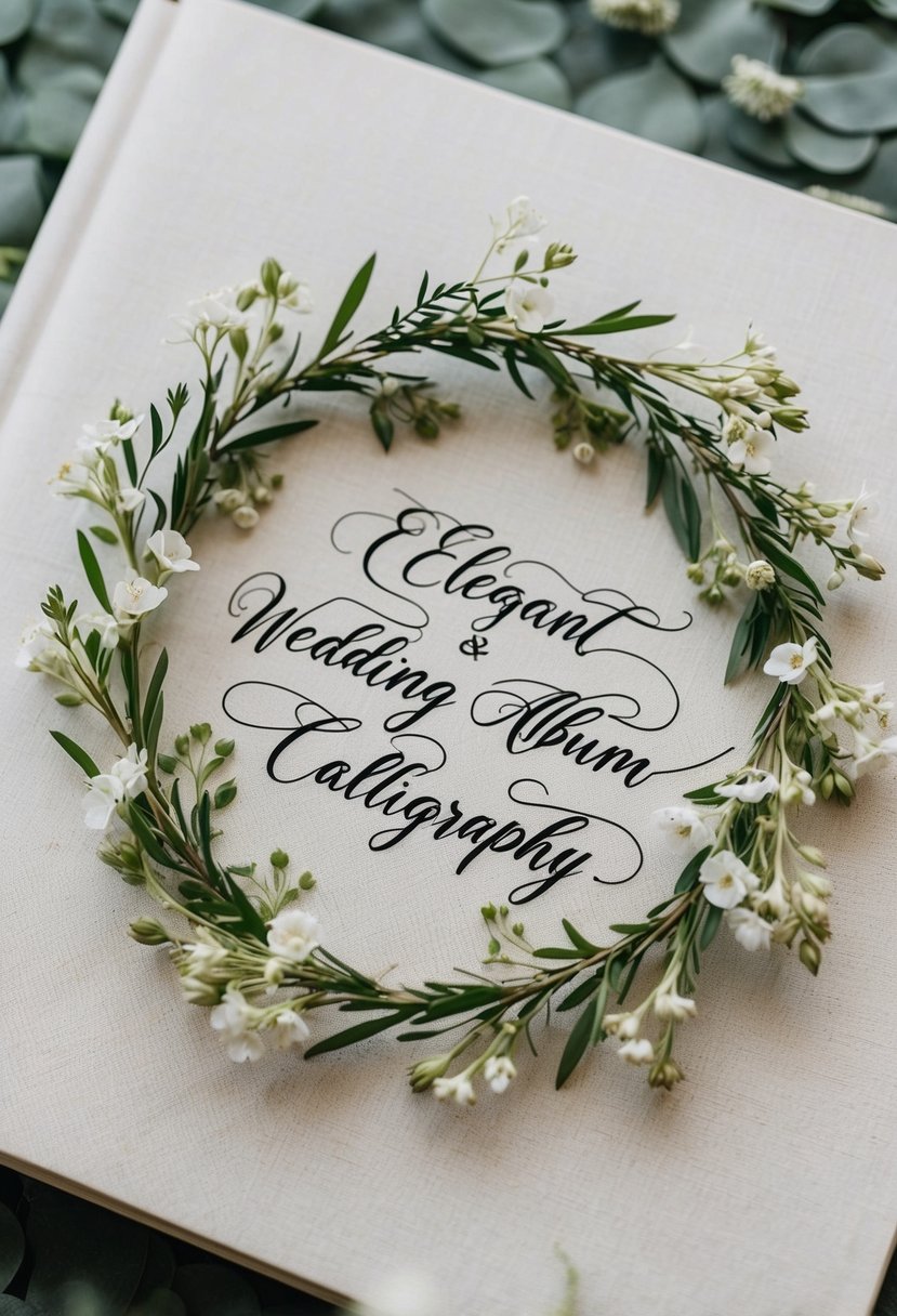 A delicate floral wreath encircles elegant calligraphy on a wedding album cover